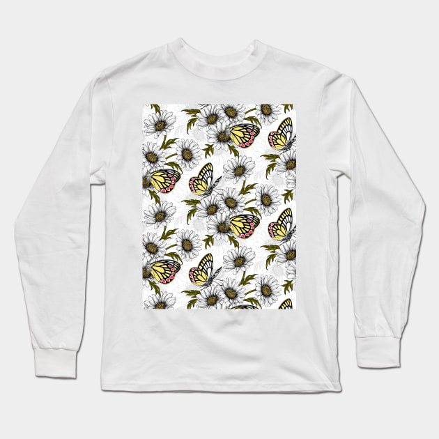 Jezebel butterflies and daisy flowers on white Long Sleeve T-Shirt by katerinamk